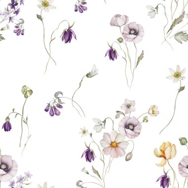 Suluboya tarzında kır çiçekleriyle kusursuz bir desen. Yaz buketi 