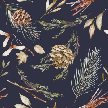 Pinecones and branches seamless pattern with coniferous elements clipart