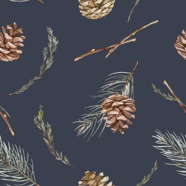 Pinecones and branches seamless pattern with coniferous elements clipart