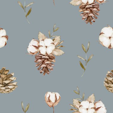 Pamuklu ve çam kozalaklı zarif bir Noel deseni.