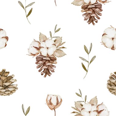 Pamuklu ve çam kozalaklı zarif bir Noel deseni.