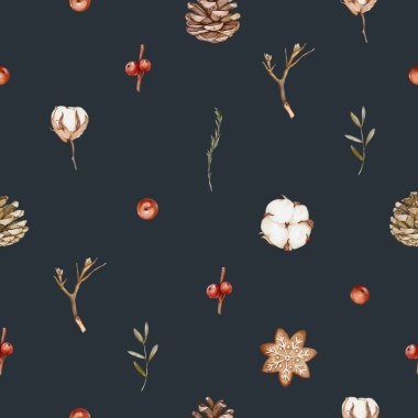 Pamuk çiçekleri, kozalaklar, kırmızı böğürtlenler ve ince dallar da dahil olmak üzere kış botaniklerinin minimalist tasarımını içeren basit ve zarif bir desen..