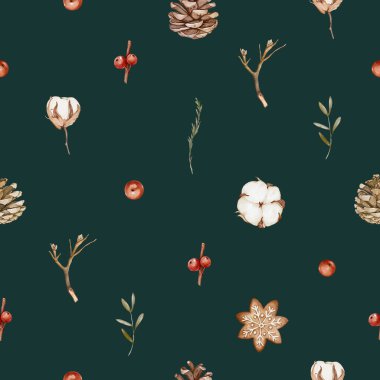 Pamuk çiçekleri, kozalaklar, kırmızı böğürtlenler ve ince dallar da dahil olmak üzere kış botaniklerinin minimalist tasarımını içeren basit ve zarif bir desen..