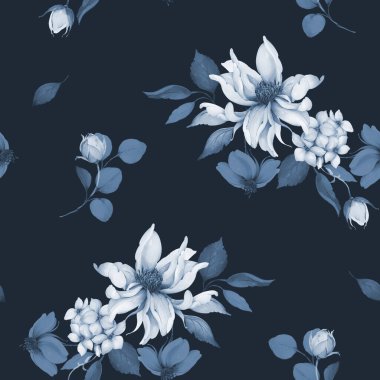 İndigo Suluboya Çiçek ve Yaprakları ile Kusursuz Desen