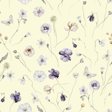 Suluboya tarzında kır çiçekleriyle kusursuz bir desen. Yaz buketi 