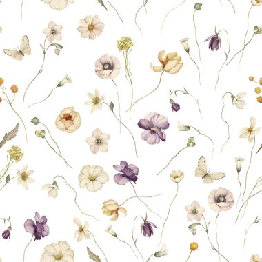 Suluboya tarzında kır çiçekleriyle kusursuz bir desen. Yaz buketi 