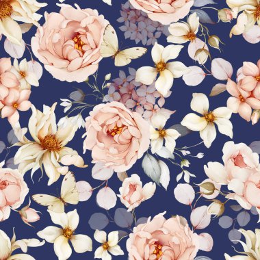 Çiçek buketleriyle kusursuz desen. Suluboya tarzında bahar gülleri