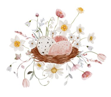 Benekli yumurta ve kır çiçekleriyle suluboya Bahar Yuvası