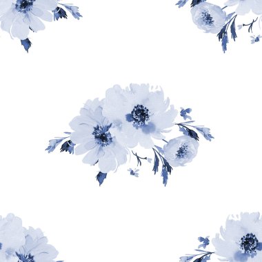 İndigo Suluboya Çiçek ve Yaprakları ile Kusursuz Desen