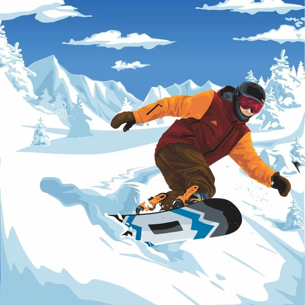 Snowboarder Fun Ride Powder — Stock Vector