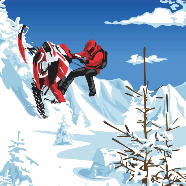 Snowmobile Rider Mountains — Stock Vector