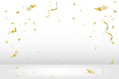 Golden Tiny Confetti ve Flaamer Ribbon Beyaz Stüdyo Arkaplanına Düşüyor. Vektör