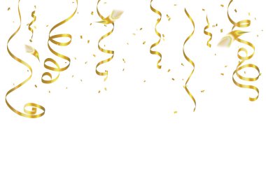 Golden Tiny Confetti ve Flaamer Ribbon Beyaz Stüdyo Arkaplanına Düşüyor. Vektör