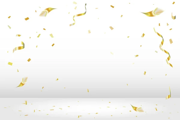 Goldene Winzige Konfetti Und Streamer Ribbon Falling White Studio Hintergrund — Stockvektor