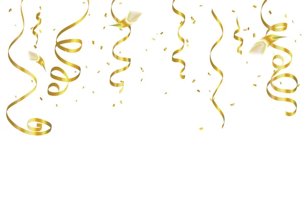 Goldene Winzige Konfetti Und Streamer Ribbon Falling White Studio Hintergrund — Stockvektor