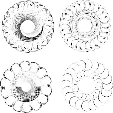 Soyut siyah noktalı şekil seti. Çember şeklinde. Yarı ton noktalar.