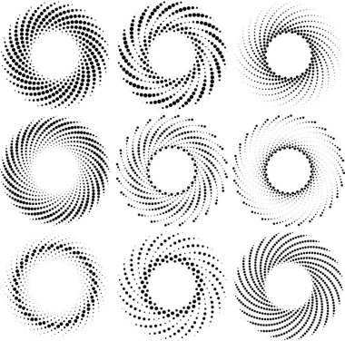 Siyah soyut girdap şekilleri. Yarı ton noktalar. Çember biçimi