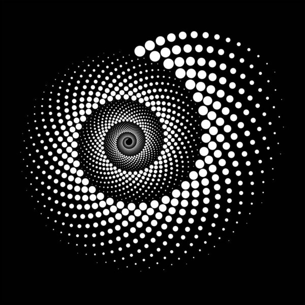 Abstract white dotted speed lines in spiral form. Halftone dots