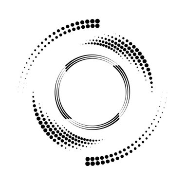 Siyah yarım ton noktalar ve çizgiler beyaz arkaplanda daire şeklinde. 