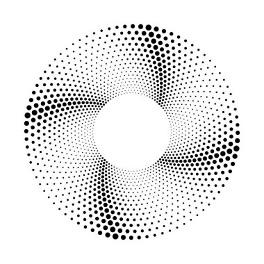 Beyaz zemin üzerinde girdap şeklinde siyah yarım ton noktalar 