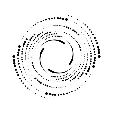Beyaz arkaplanda siyah radyal kıvrımlı çizgiler ve noktalar 