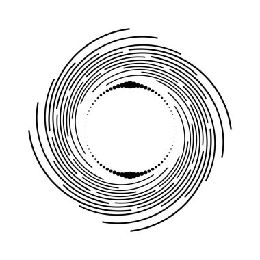 Beyaz arkaplanda siyah radyal kıvrımlı çizgiler ve noktalar 