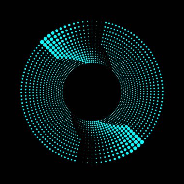 Mavi yarım tonlu noktalar siyah arkaplanda daire şeklinde.