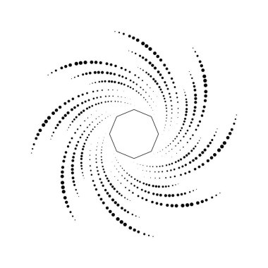 Beyaz zemin üzerinde daire şeklinde kıvrımlı siyah noktalar ve çizgiler
