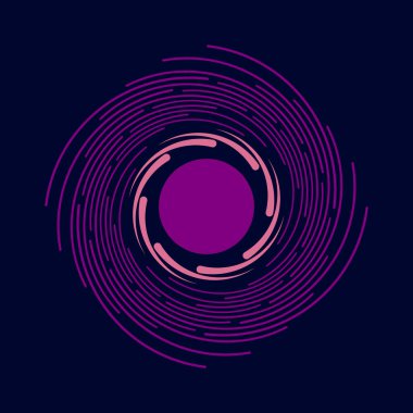 Pembe ve mor radyal kıvrımlı çizgiler ve mor arkaplan üzerindeki noktalar