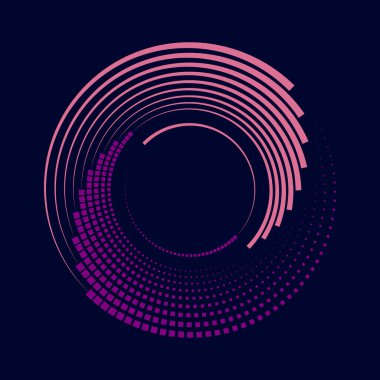 Pembe ve menekşe yarım tonlu kare noktalar ve mor arkaplanda spiral şeklinde çizgiler.