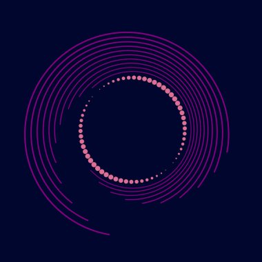 Pembe ve mor radyal kıvrımlı çizgiler ve mor arkaplan üzerindeki noktalar