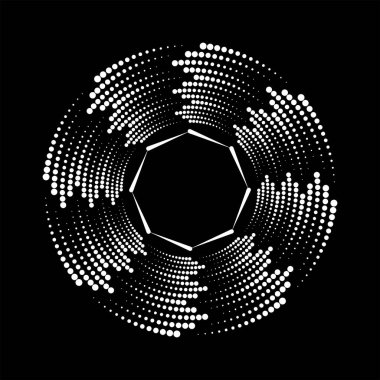 Beyaz yarım tonlu noktalar ve çizgiler koyu arkaplanda daire şeklinde.