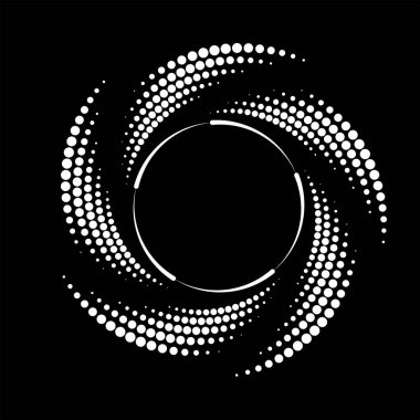 Beyaz yarım tonlu noktalar ve çizgiler koyu arkaplanda daire şeklinde.