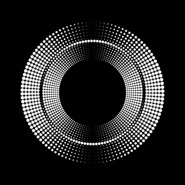 Beyaz yarım tonlu noktalar koyu arkaplanda daire şeklinde.