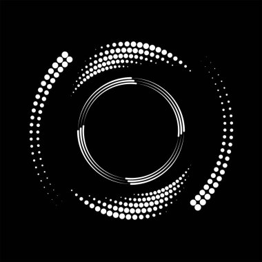 Siyah arkaplanda daire şeklinde beyaz yarım ton noktalar ve çizgiler