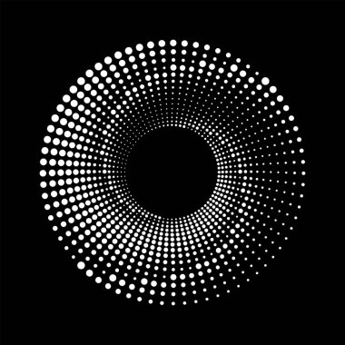 Beyaz yarım ton noktalar siyah arkaplanda daire şeklinde.