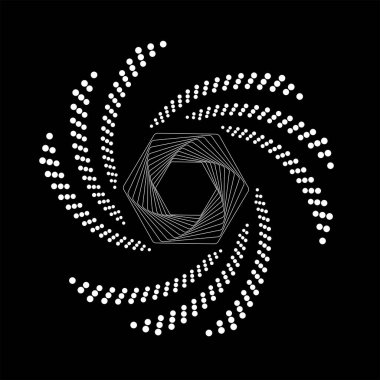 Beyaz yarım tonlu noktalar ve çizgiler siyah arkaplanda spiral biçimdedir.