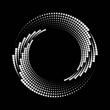 Beyaz kareler ve noktalar siyah arkaplanda daire şeklinde.