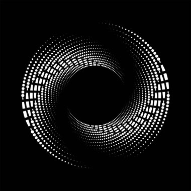 Beyaz kareler ve noktalar siyah arkaplanda daire şeklinde.