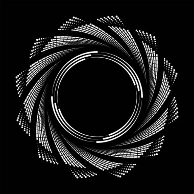 Beyaz kareler, noktalar ve çizgiler siyah arkaplanda daire şeklinde.