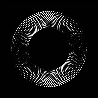 Beyaz vektör, siyah arkaplanda daire şeklinde kareler ve noktalar oluşturur