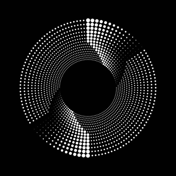 White  halftone dotted  lines  in circle  form on black background
