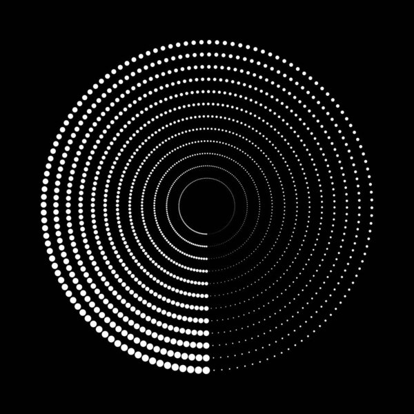 White vector dotted radial circles on black background