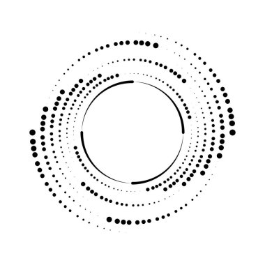Siyah radyal kıvrımlı çizgiler ve noktalar.