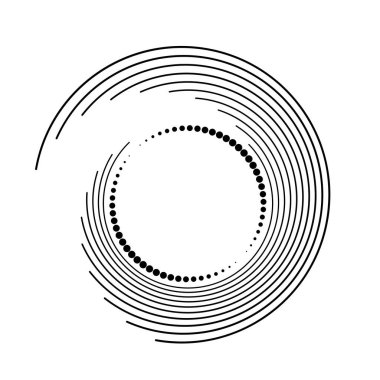 Siyah radyal kıvrımlı çizgiler ve noktalar.