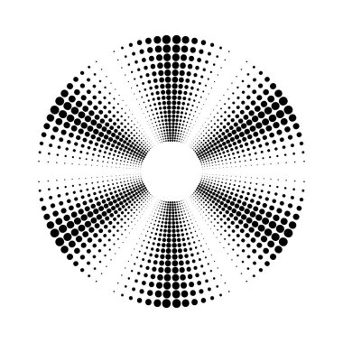 Radyal siyah yarım tonlu noktalar daire şeklinde. yayılan çizgiler, konsantre, geometrik patlama 