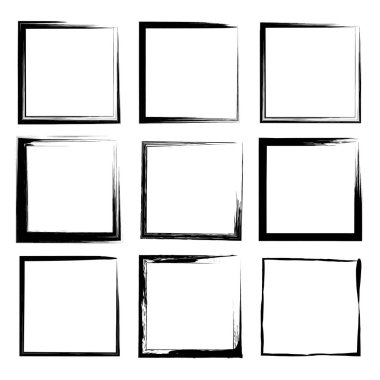 Kare şeklinde siyah grunge boya fırçası seti. siyah ve beyaz.