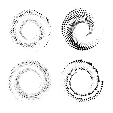 Girdap formunda soyut siyah noktalı şekiller kümesi, vektör illüstrasyonu