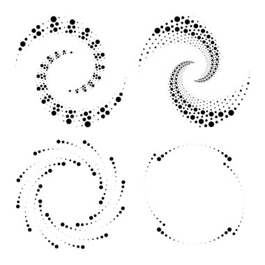 Spiral formda noktalı siyah şekiller kümesi, vektör illüstrasyonu
