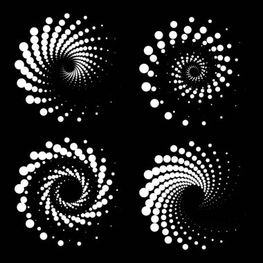 Beyaz yarım tonlu noktalı şekiller kümesi girdap formunda, vektör illüstrasyonu